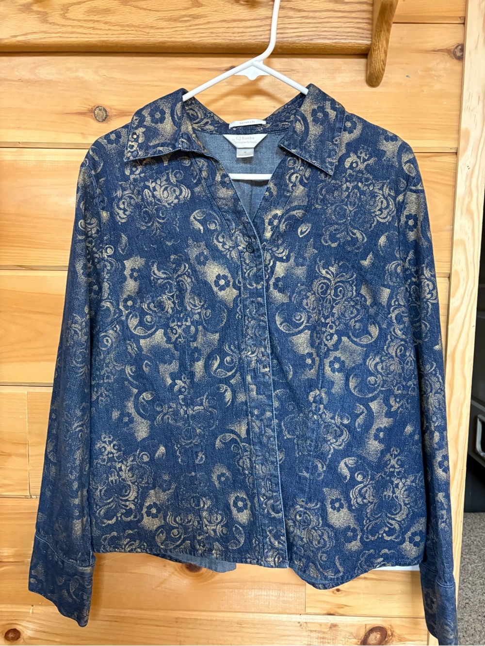 CJ Banks Blue Denim Shacket with Gold Floral Pattern